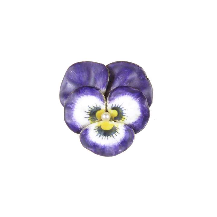 Antique violet and white enamel, diamond and 14ct gold pansy brooch by Krementz